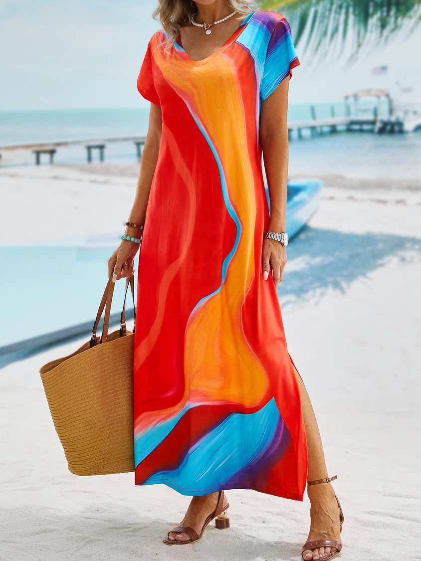 Casual Short Sleeve V Neck Printed Dress