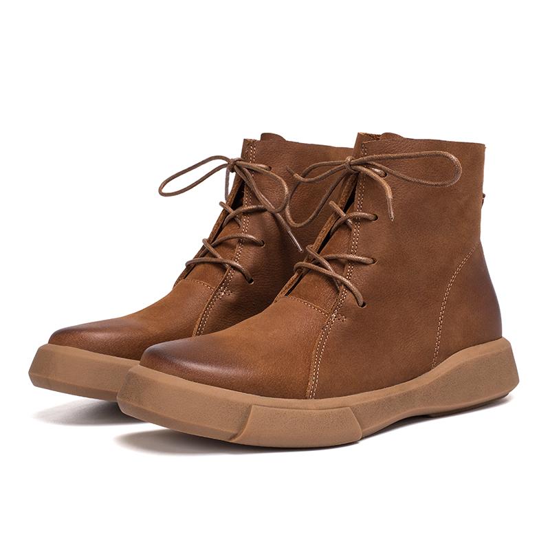 Lace Up Boots for Women Handmade Leather Flat Ankle Boots Brown/Coffee/Black