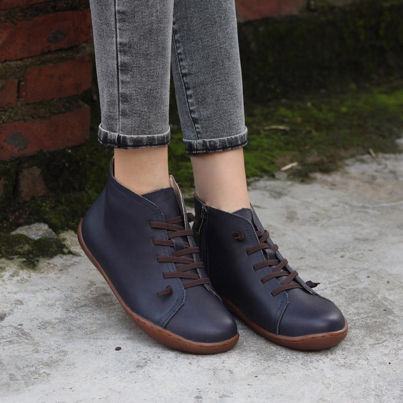 Retro Women Leather Ankle Boots Casual Walking Boots Soft Sole Flats Loafers