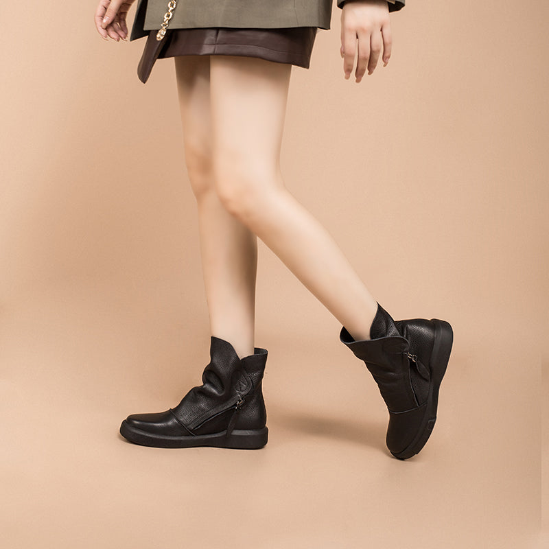 Soft Cowhide Leather Zip Boots Retro Women Chunky Ankle Boots Black/Coffee/khaki
