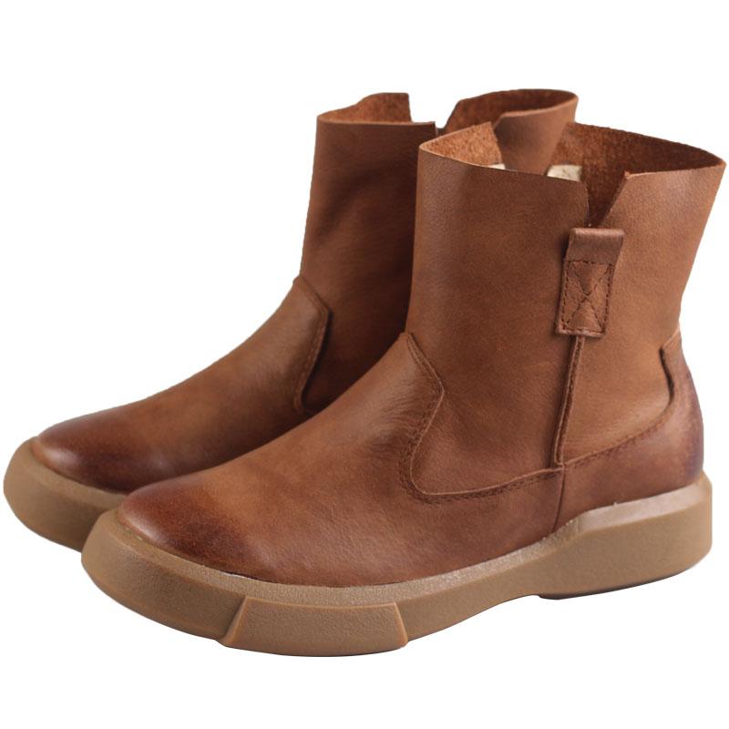 Retro Cowhide Boots Women Comfy Zip Walking Boots Brown/Black