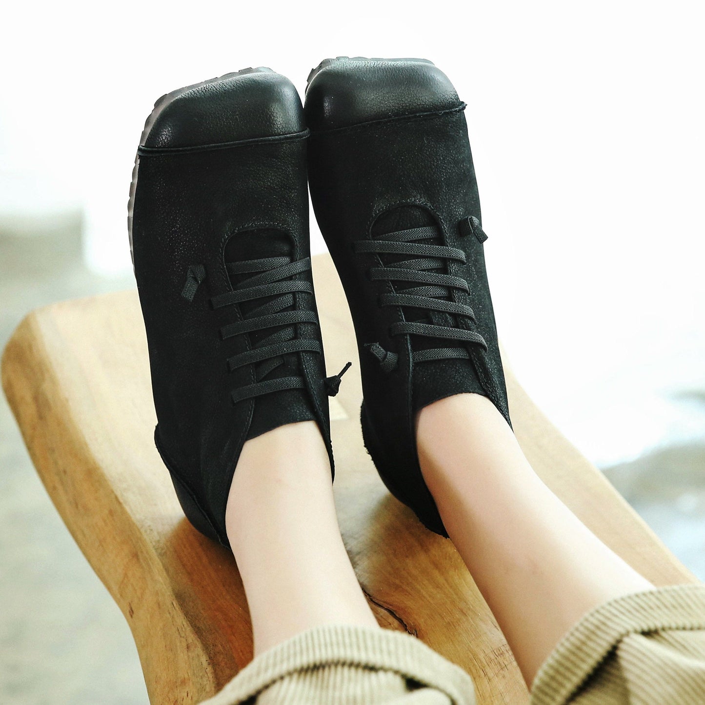 Women Ankle Booties Handmade Leather Low-Heel Square Toe Flat Riding Boots Brown/Black
