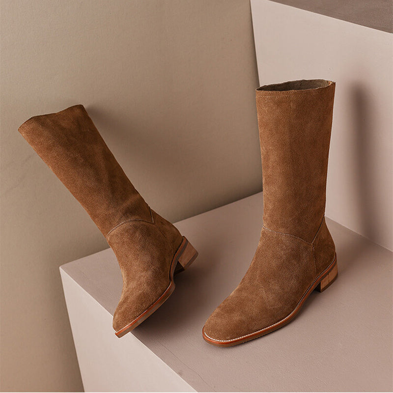 Womens Suede Leather Mid Calf Boots In Green/Black/Brown