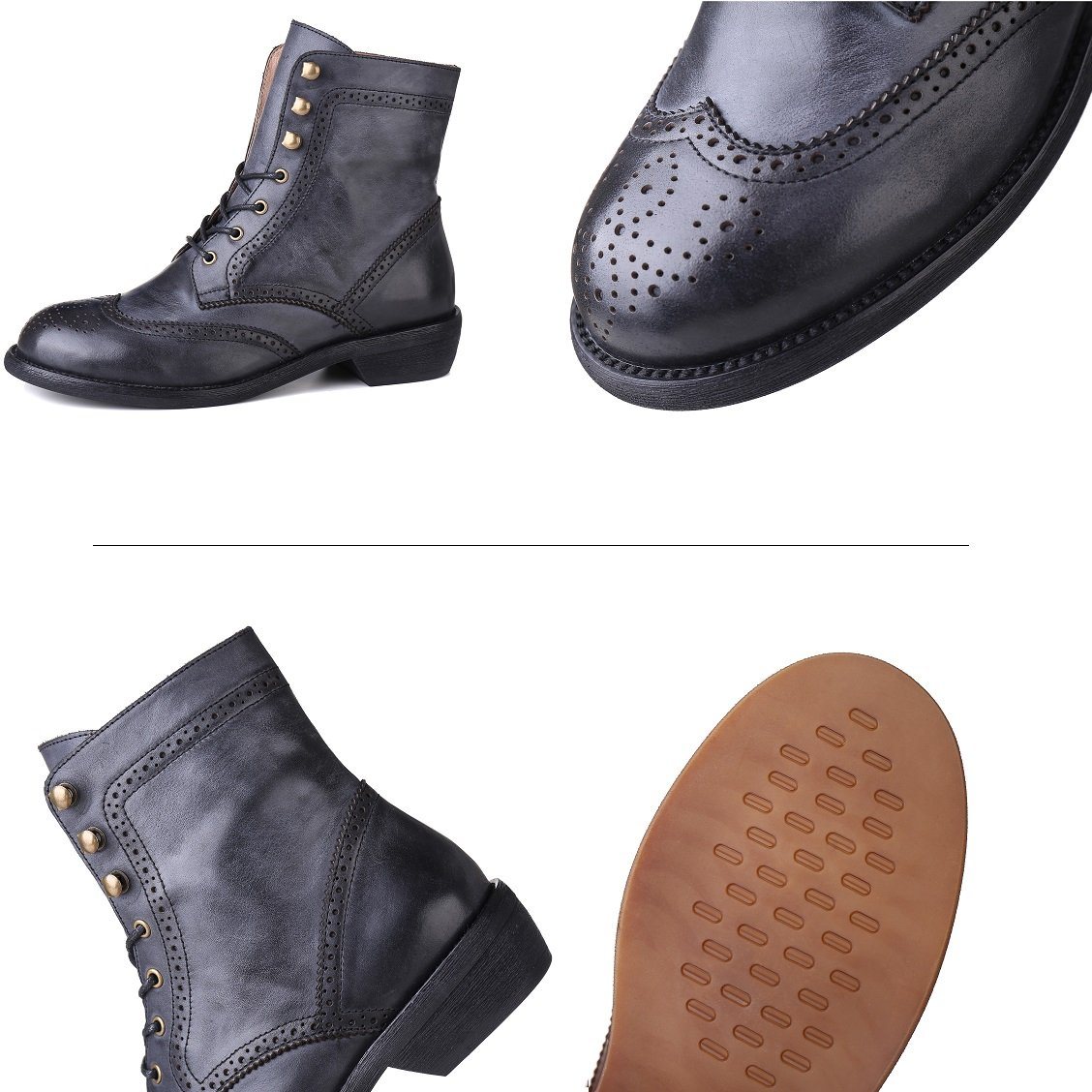 Handmade Wingtip Shoes Leather Boots Block Carving Brogue Ankle Boot For Women Black/Coffee