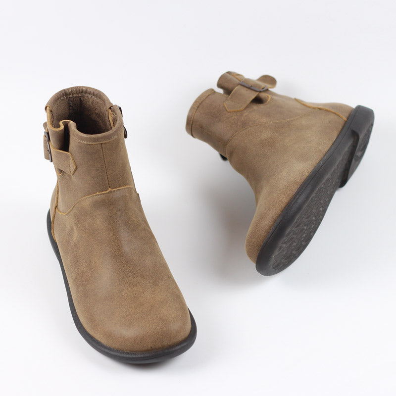 Handmade Leather Ankle Boots For Women Soft Retro Round Toe Short Plush Lining For Cold Winter Grey