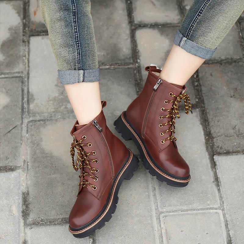 Women Leather Lace-Up Oxfords Round Toe Ankle Booties Black/Coffee