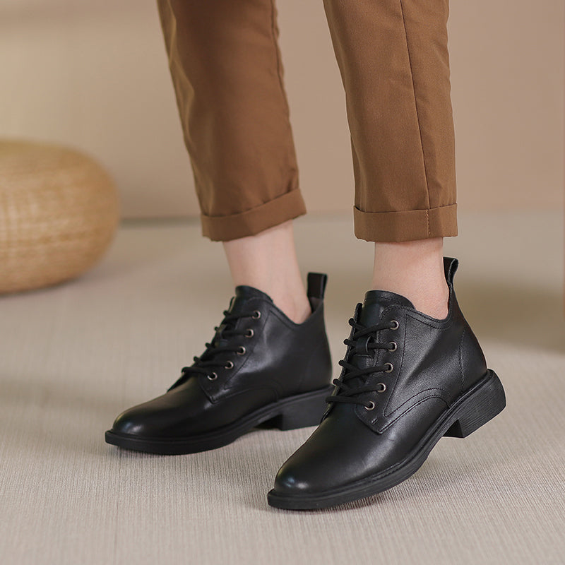 Handmade Genuine Leather Boots Lace-Up Combat Boots Retro Chunky Ankle Boots