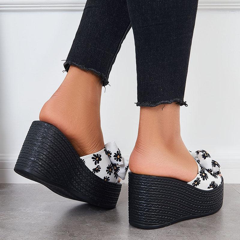 Platform Wedge Sandals Bowknot Slides Casual Open Toe Slip on Dress Slippers