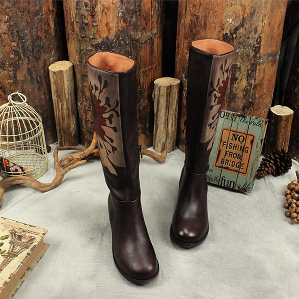 Handmade Leather Knee High Boots Block Heel Biker Boots Retro Flowers