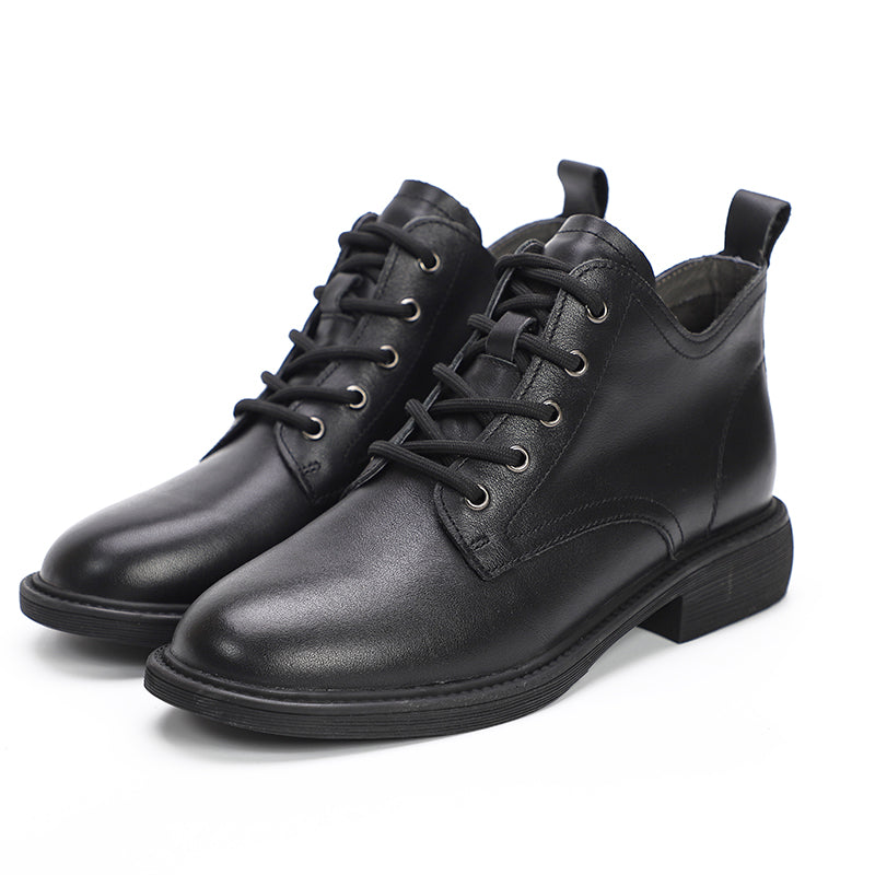 Handmade Genuine Leather Boots Lace-Up Combat Boots Retro Chunky Ankle Boots