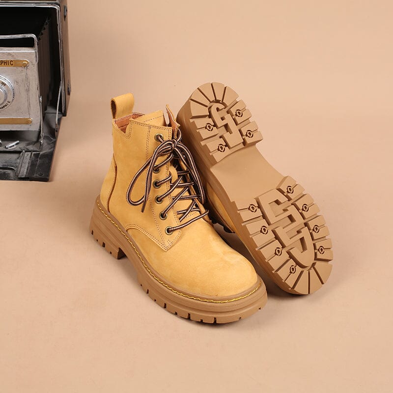 Women's Handmade High Lace-up Boot in Nubuck Calfskin Waterproof in Yellow Platform
