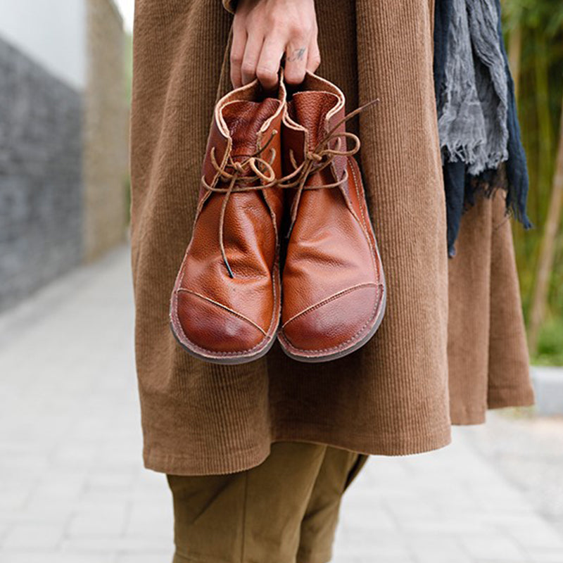 Handmade Women Calf Leather Booties Round Toe Lace-Up Flat Shoes Ankle Boots Brown/Coffee