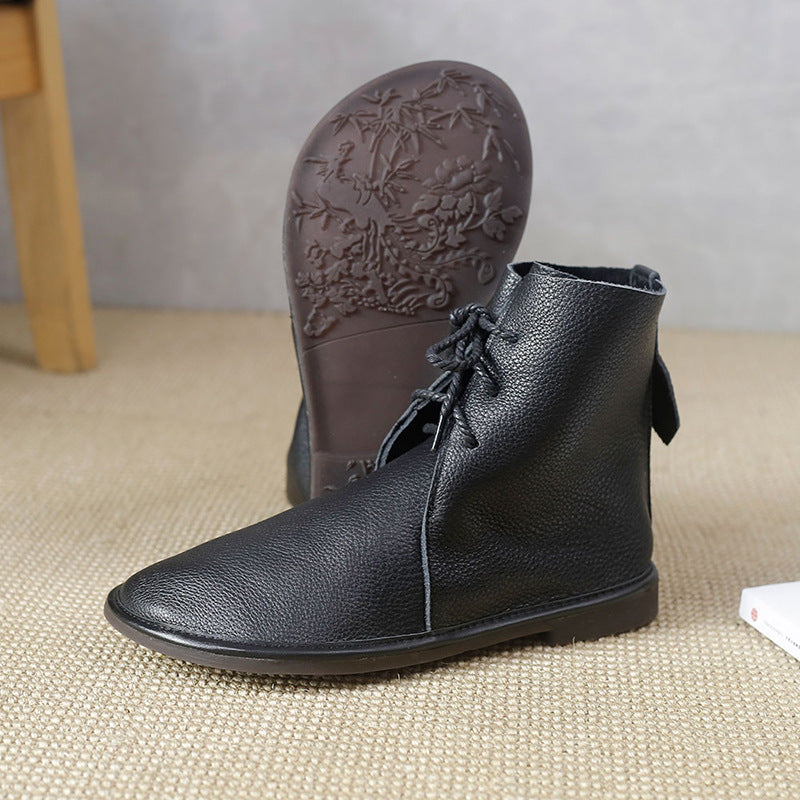 Handmade Women's Leather Booties Round Toe Lace-Up Flat Ankle Boots Brown/Black/Coffee