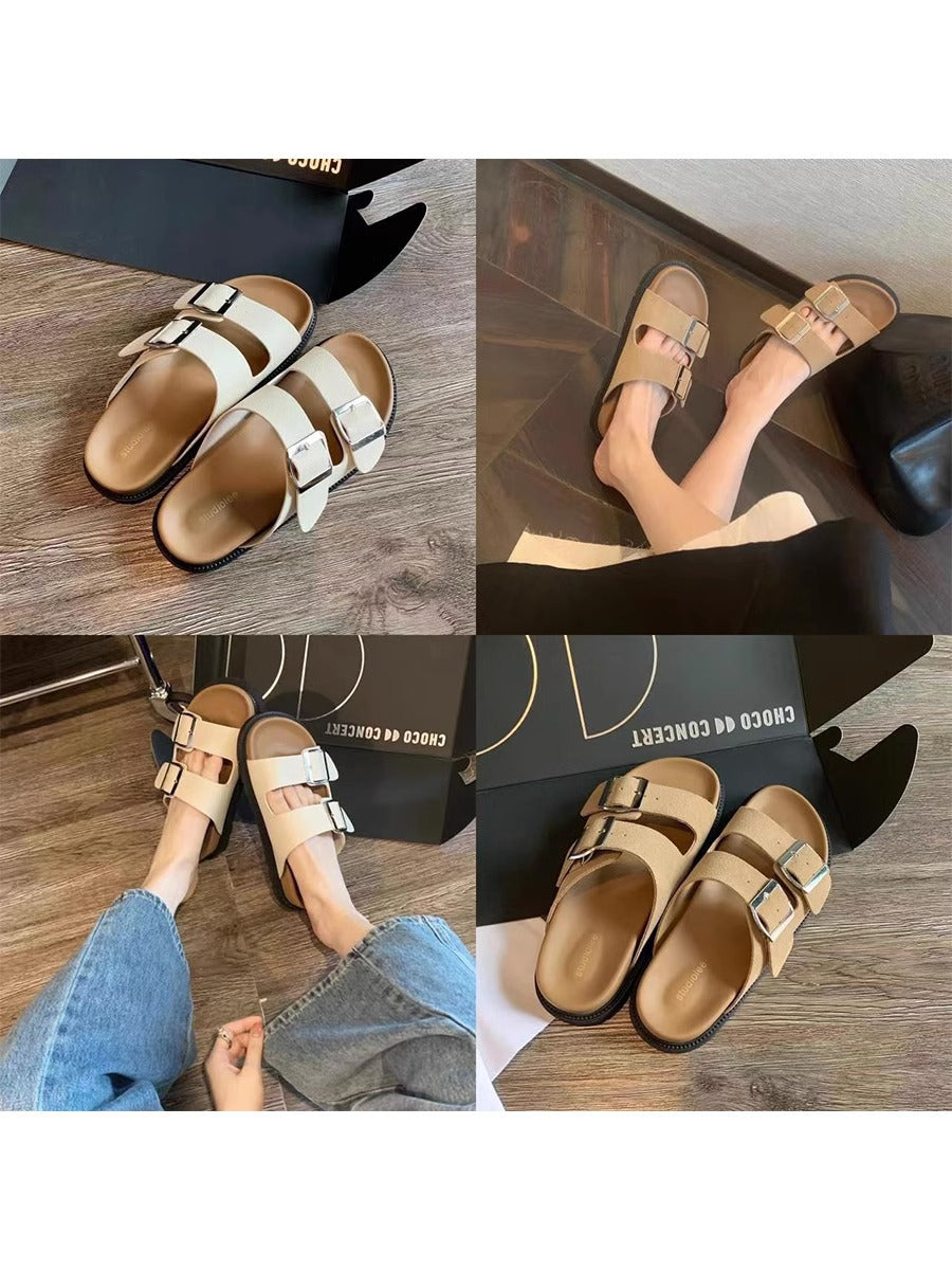 Retro Genuine Round Toe Wide Strap Sandals