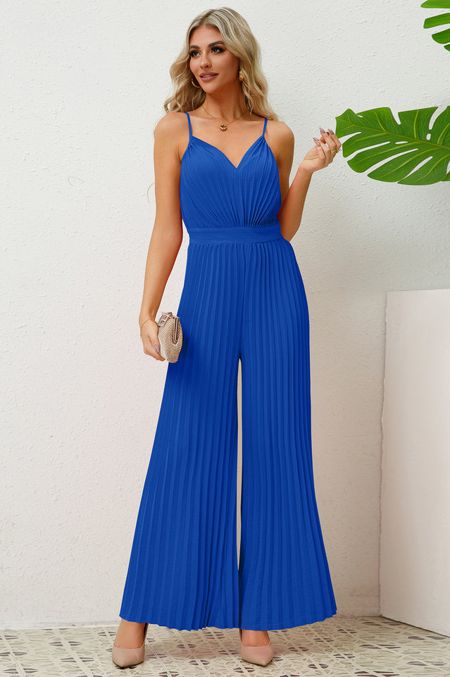 V Neck Pleated Jumpsuit
