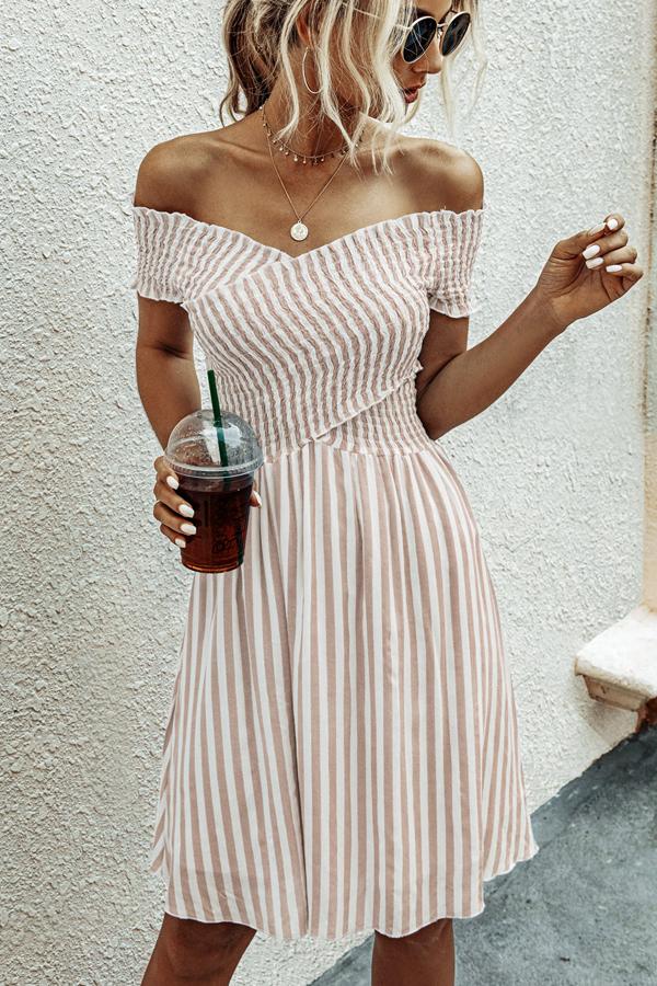 Smocked Chest Short Sleeve Stripe Dress