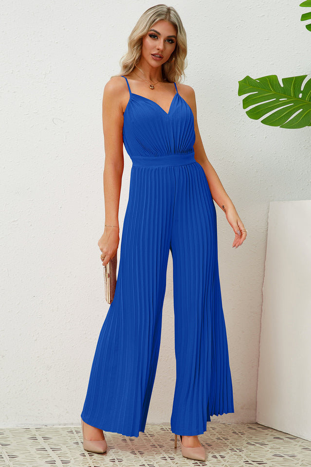 V Neck Pleated Jumpsuit