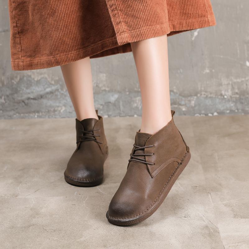 Handmade Genuine Leather Boots Lace-Up Soft Ankle Booties Casual Work Combat Boots Mori Girl Designer Shoes Brush-Off