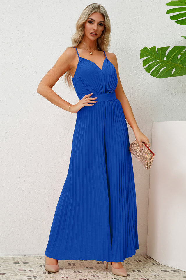 V Neck Pleated Jumpsuit