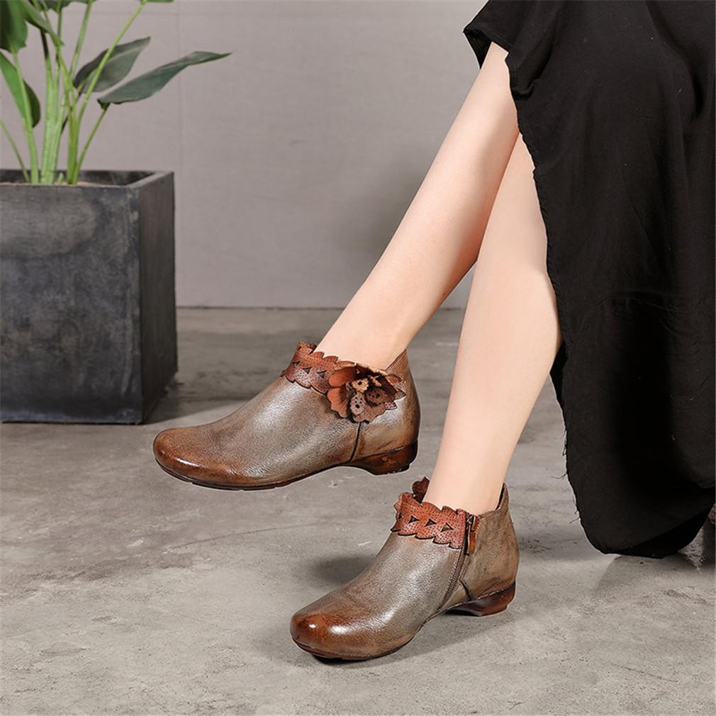 Retro Booties For Women Brush-Off Leather Handmade Flat Ankle Boots Taupe