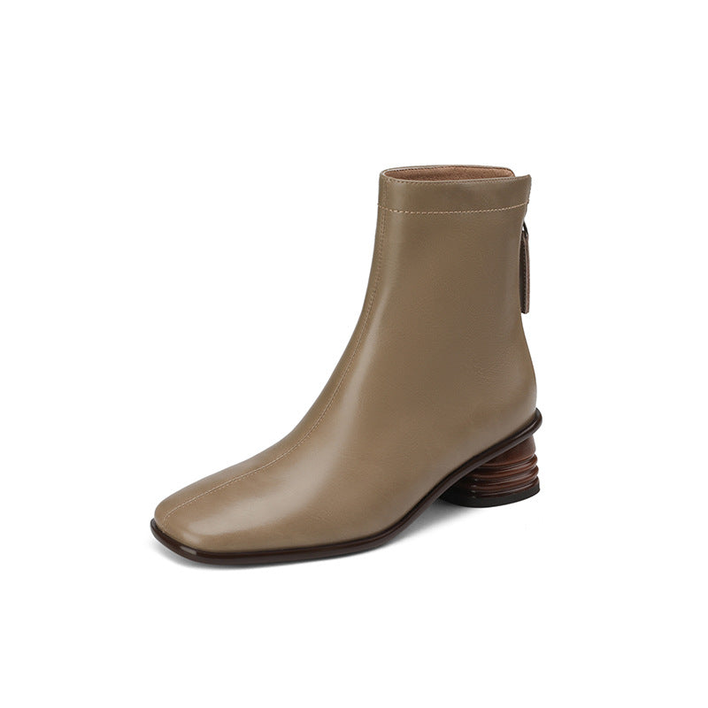 Classic Elegant Chelsea Boots Mid Heel Back Zipper Stretch Boots Square Toe Sock Boots White/Khaki