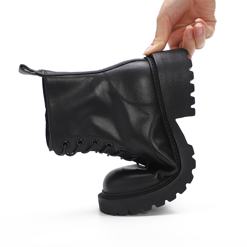 Winter Boots Handmade Genuine Leather Lace-Up Combat Boots Retro Chunky Platform Black