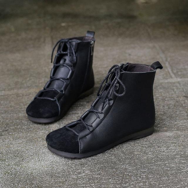 Retro Genuine Leather Soft Flat Boots For Women Round Toe Lace Up Mori Girl Style Ankle Boots Wide Fit Black