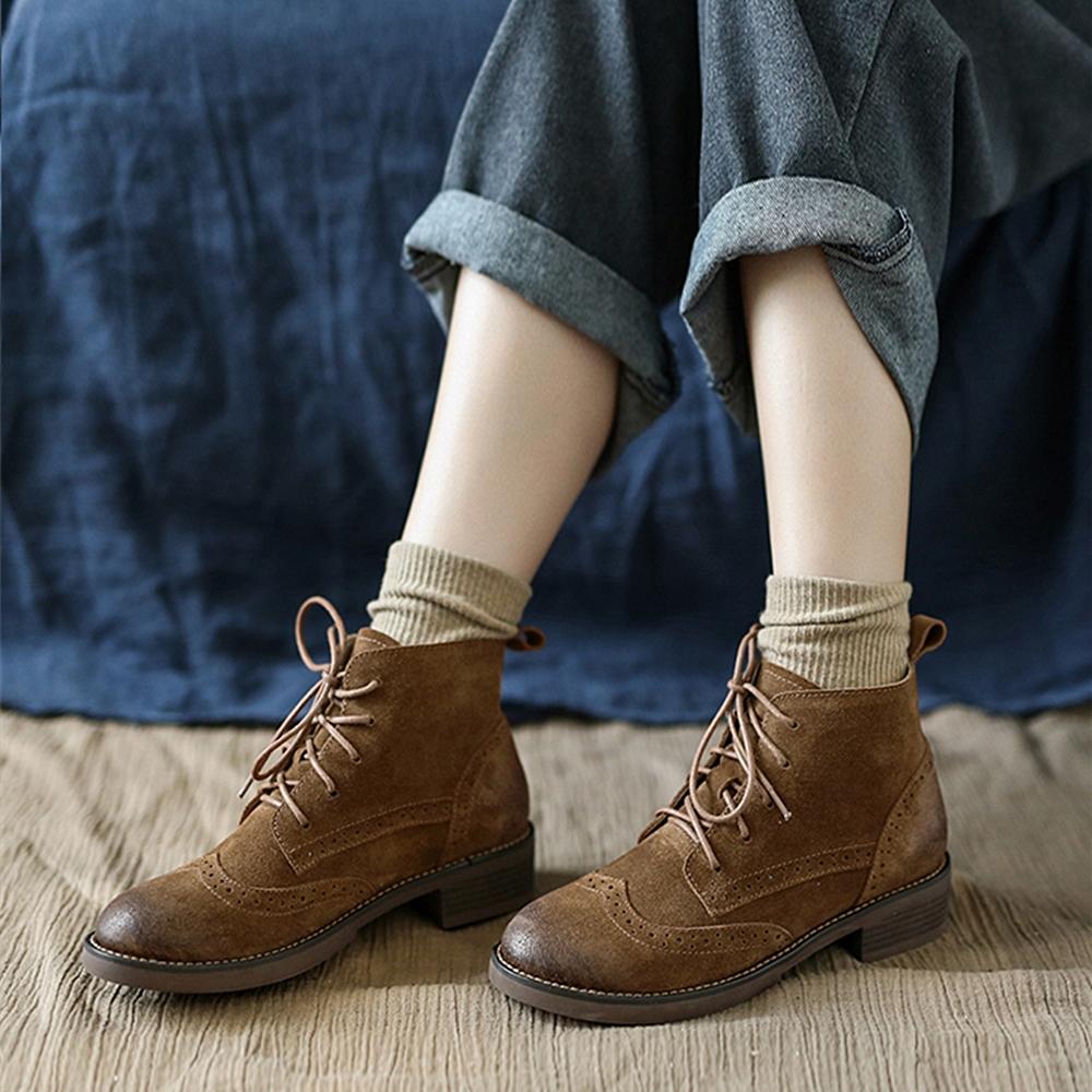 Handmade Brogue Leather Boots Women Midheel Ankle Boots With Lace Brown/Khaki