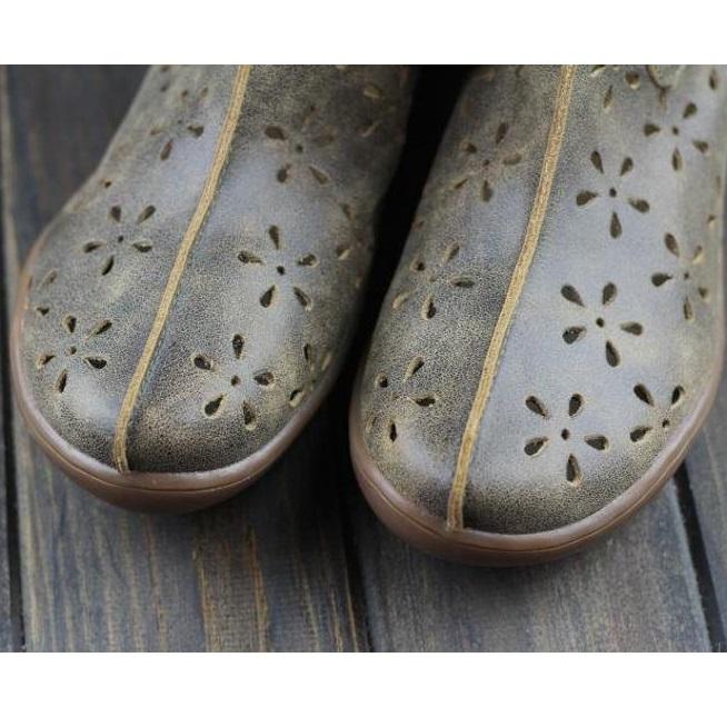 Women Ankle Boots Leather Handmade Hollow Mori Girl Shoes Flats Grey