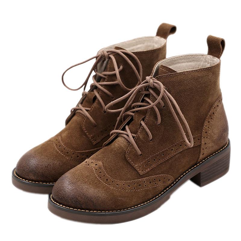 Handmade Brogue Leather Boots Women Midheel Ankle Boots With Lace Brown/Khaki