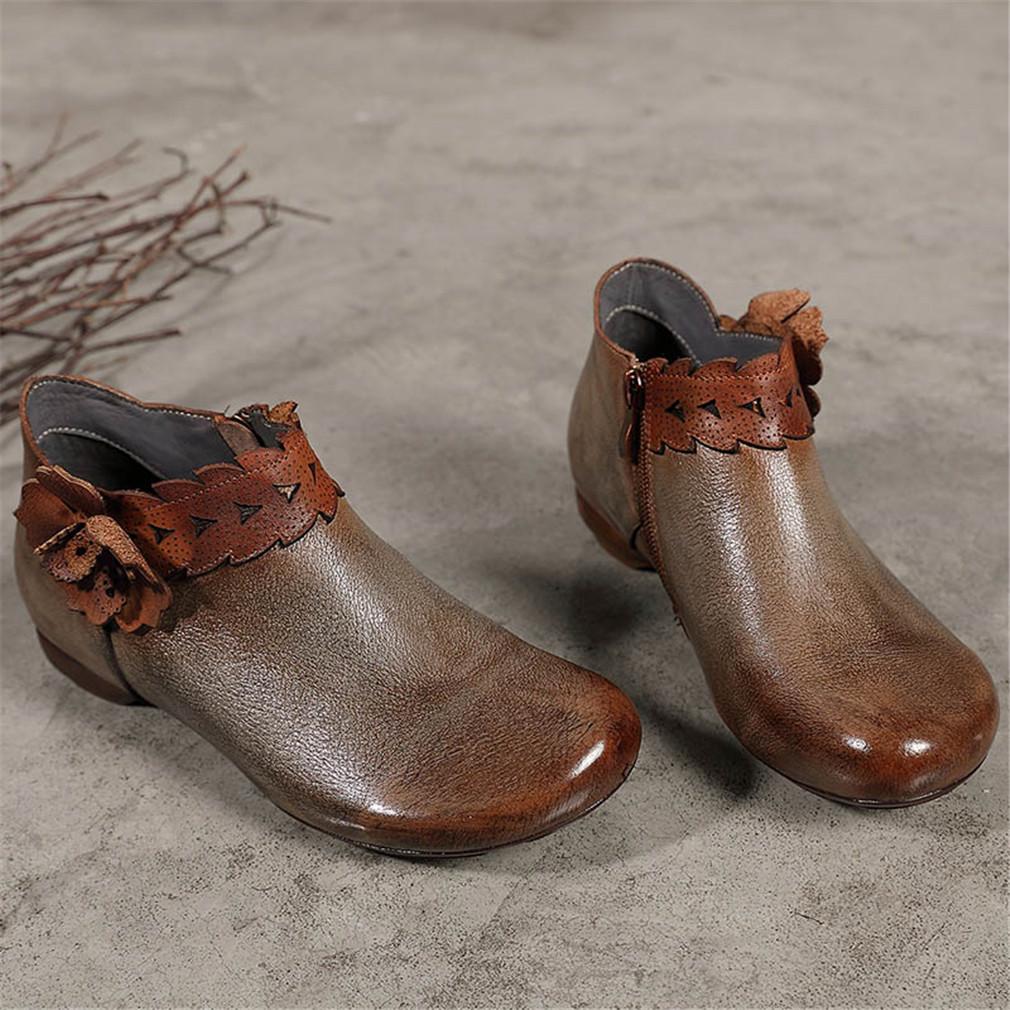 Retro Booties For Women Brush-Off Leather Handmade Flat Ankle Boots Taupe