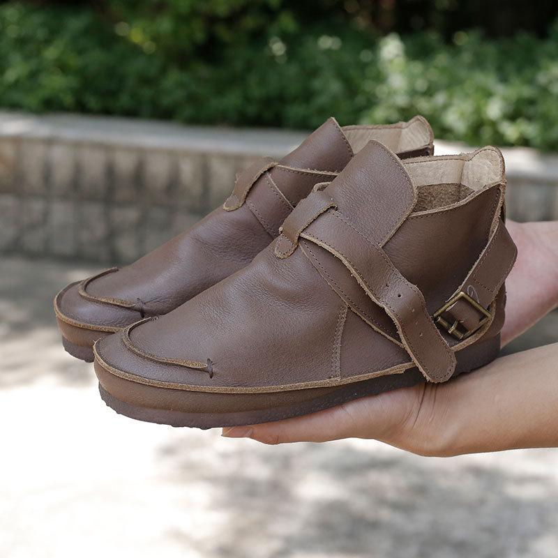 Retro Genuine Leather Soft Flat Boots For Women Round Toe Buckle Mori Girl Style Wide Fit Brown/Black/Khaki