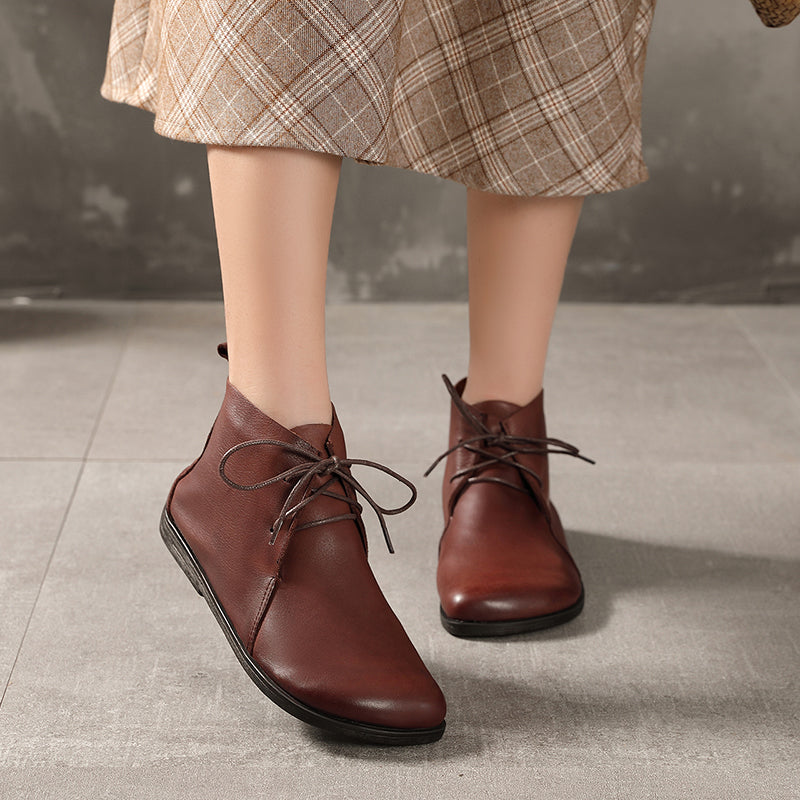 Handmade Soft Leather Ankle Boots Retro Round Toe Short Boots Women Mori Girl Boots