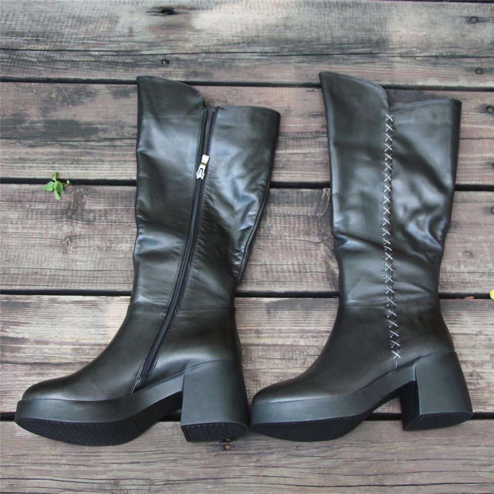 Women Leather Handmade Knee-Length Boots With Chunky Heel Short Plush Lining