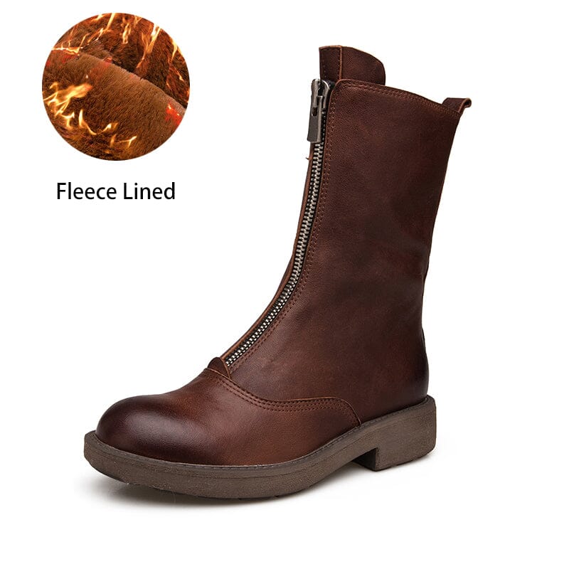 Comfortable Leather Ankle Boots Walking Round Boots Up Zip in Brown/Black