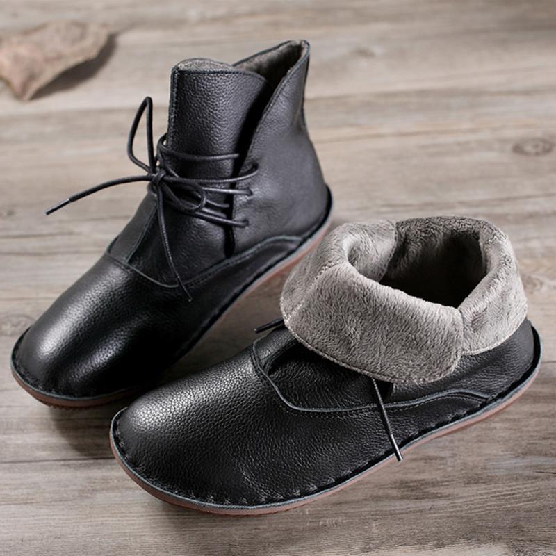 Handmade Retro Leather Lace Up Ankle Boots For Women With Plush Inside Black