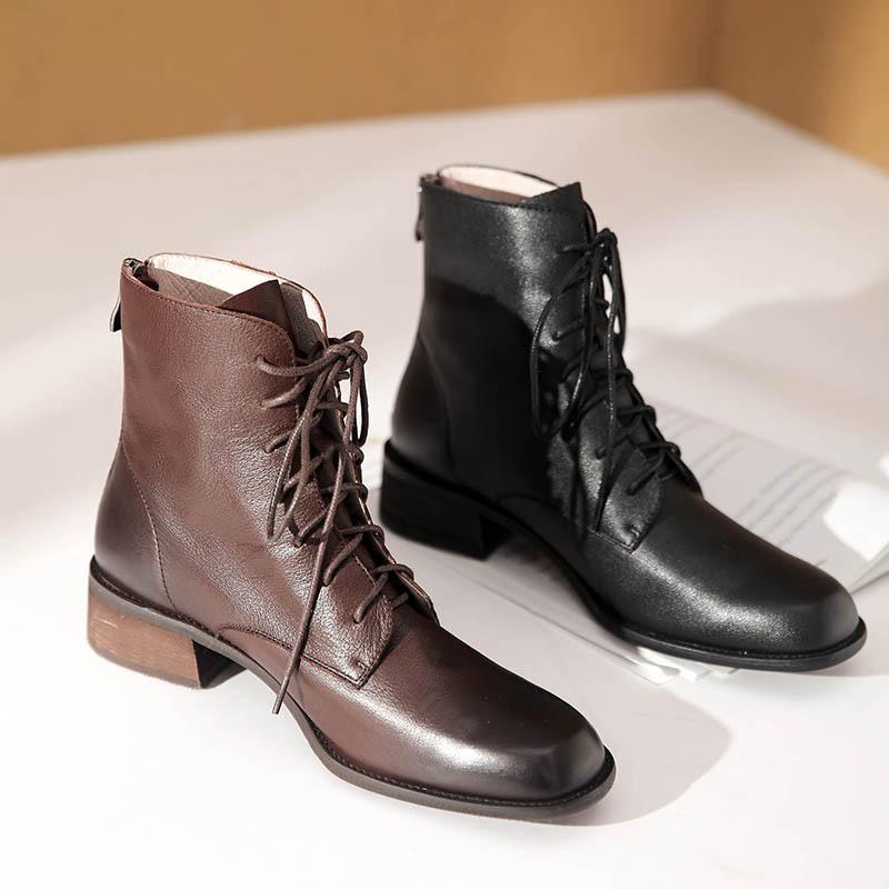 Handmade Fashion Boots Women Genuine Leather Lace-Up Oxfords Round Toe Chunky Ankle Booties Back Zipper Black/Brown