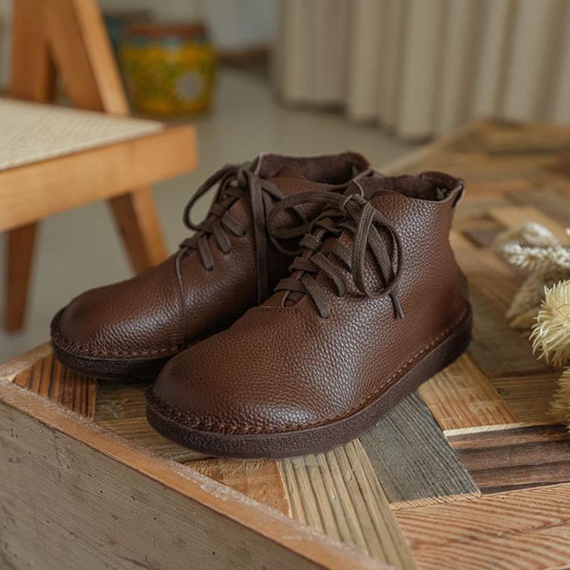 Handmade Genuine Leather Boots Lace-Up Combat Boots Retro Chunky Ankle Boots Coffee/Brown/Off White