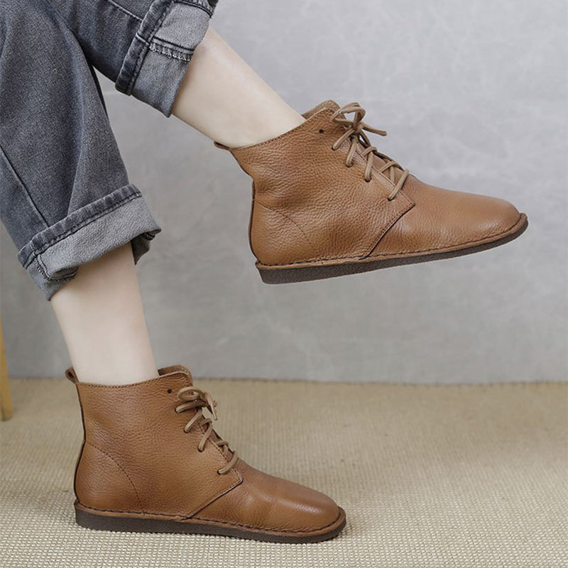 Women's Leather Booties Round Toe Lace-Up Flat Ankle Boots Handmade in Brown/Coffee