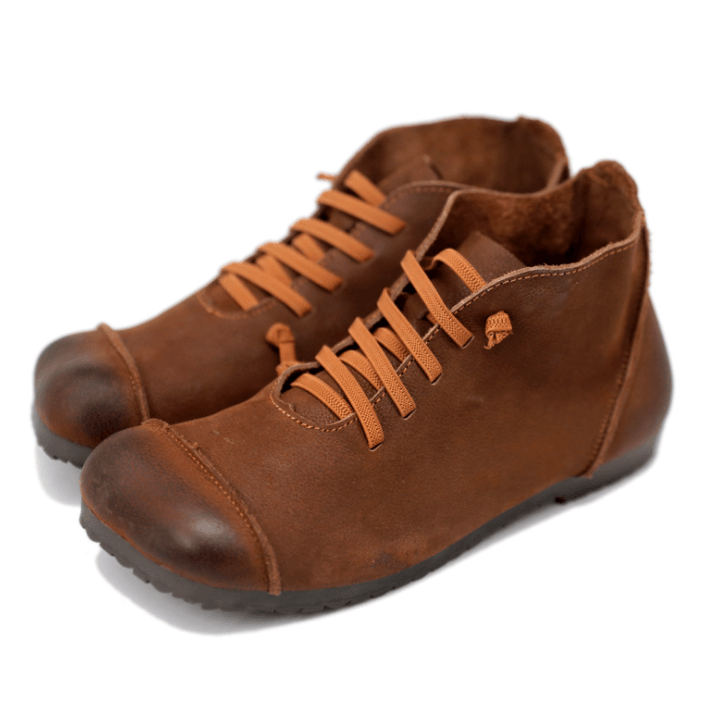 Women Ankle Booties Handmade Leather Low-Heel Square Toe Flat Riding Boots Brown/Black
