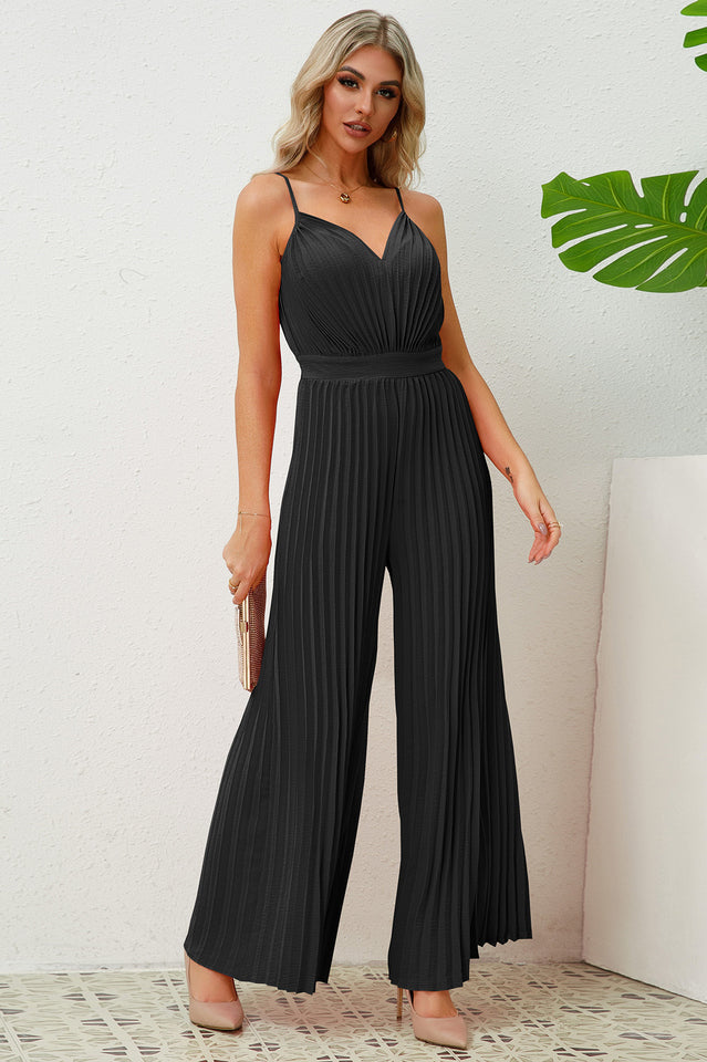 V Neck Pleated Jumpsuit