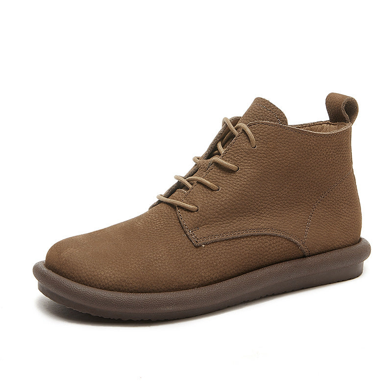 Handmade Leather Lace Up Ankle Boots For Women Soft Short Boots in Khaki/Coffee/Green