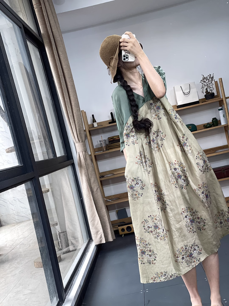 V-neck Retro Printing A-Line Dress