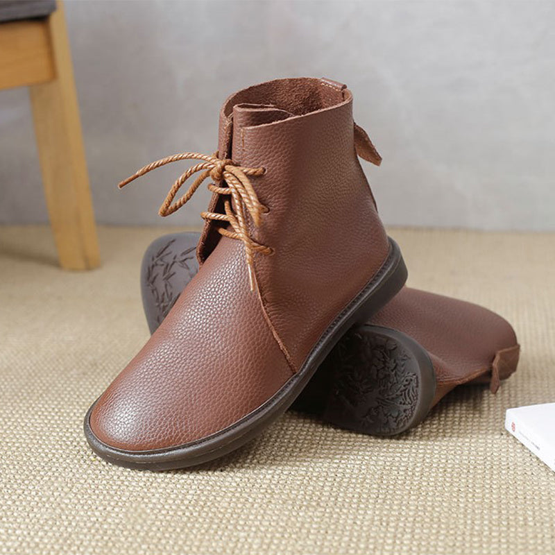 Handmade Women's Leather Booties Round Toe Lace-Up Flat Ankle Boots Brown/Black/Coffee