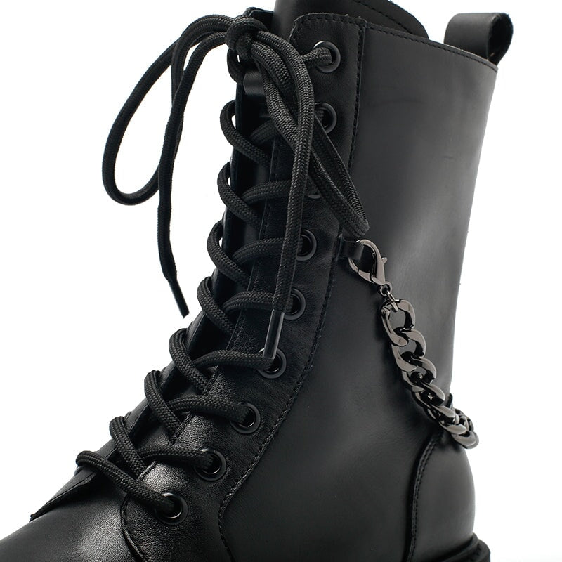 Leather Short Boots Lace up Combat Boots with Metal Chain Detail in Black