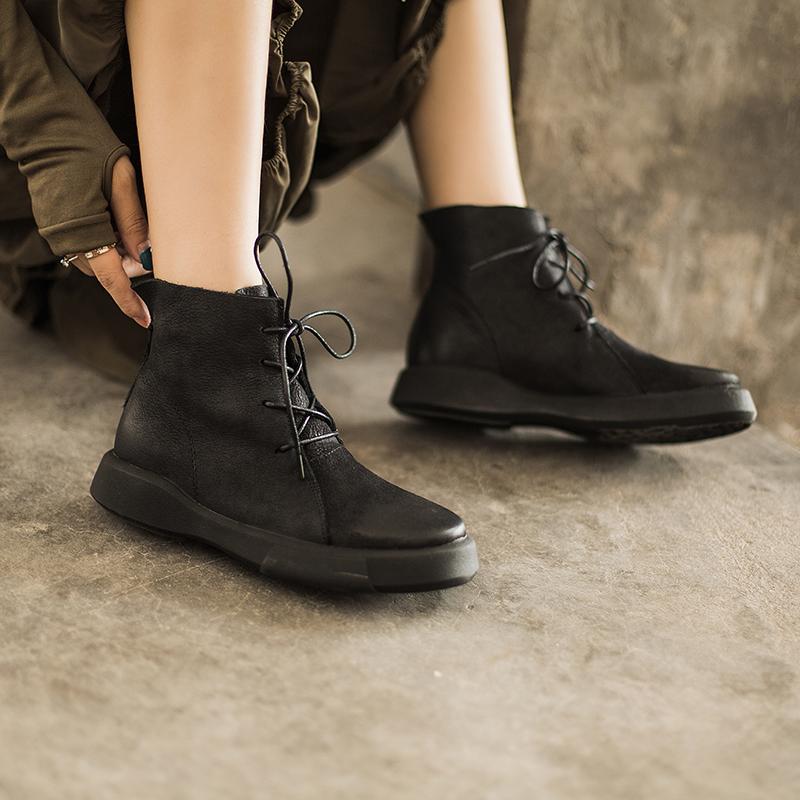 Lace Up Boots for Women Handmade Leather Flat Ankle Boots Brown/Coffee/Black