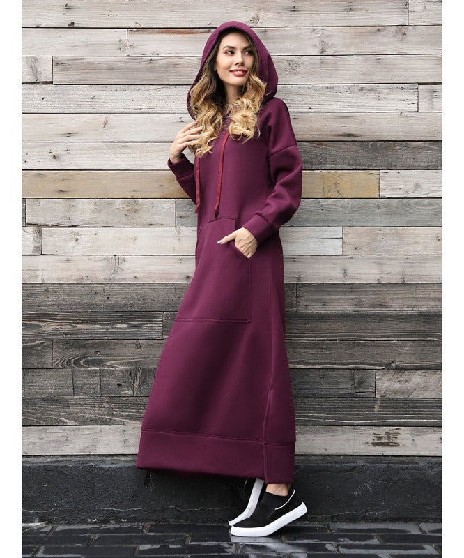 Autumn Winter New Loose Velvet Casual Fashion Big Pocket Knitted Hooded Maxi Dress