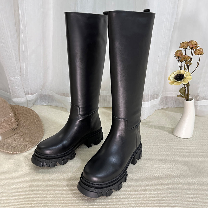 Riding Boots for Women in Black/White/Grey Leather - Chunky Sole Tall Boots Platform Boots