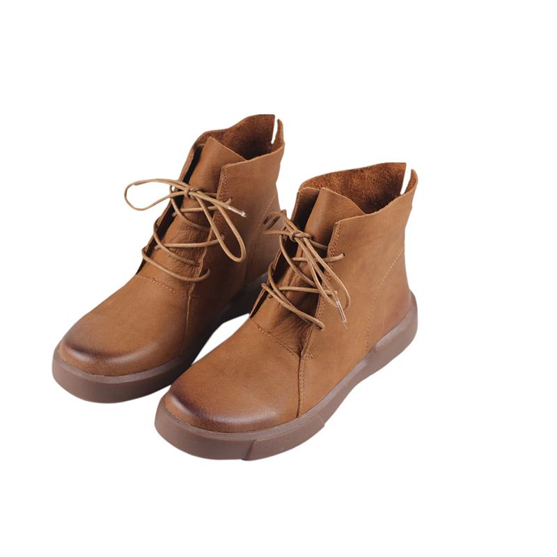 Women Retro Boots Lace Up Soft Leather Oxford Casual Walking Booties Brown/Black