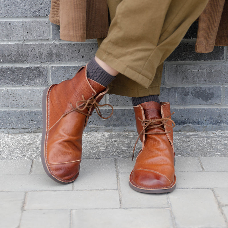 Handmade Women Calf Leather Booties Round Toe Lace-Up Flat Shoes Ankle Boots Brown/Coffee